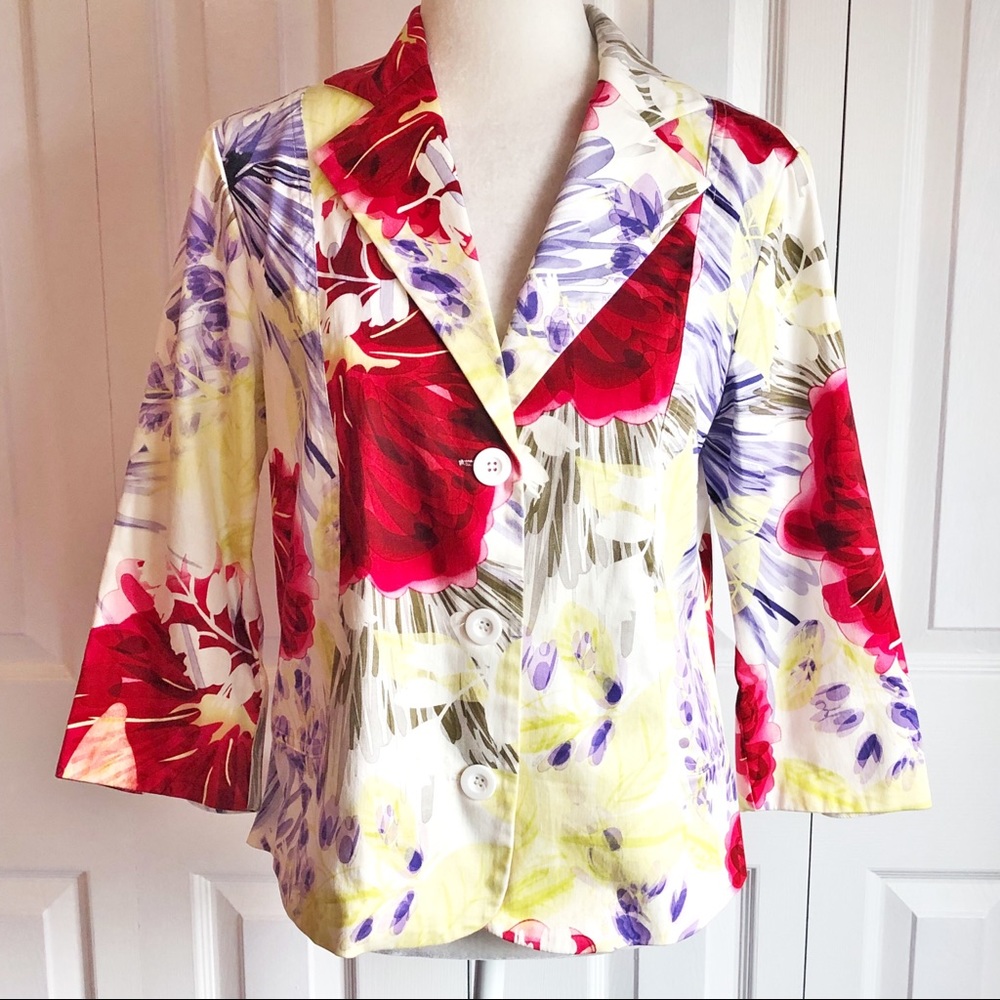 Coldwater Creek Colorful Yellow Multi Floral 3/4 Sleeve Blazer Small